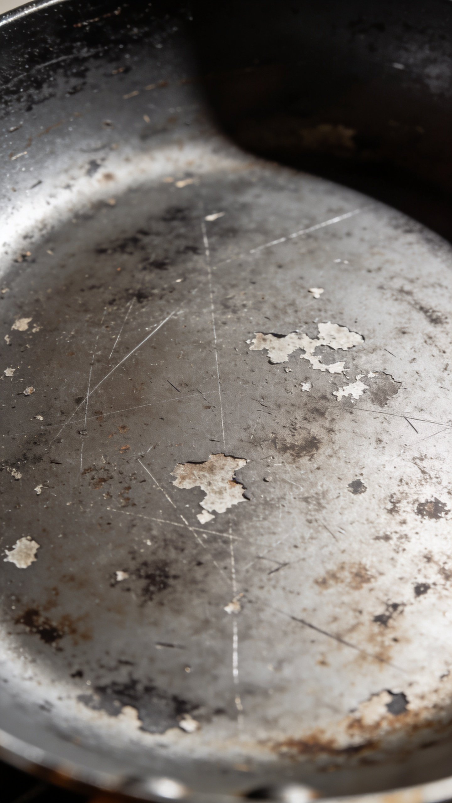 How to Tell If a Pan Is Non Stick and Still Slick 3 Macro shot of dull, discolored nonstick pan coating