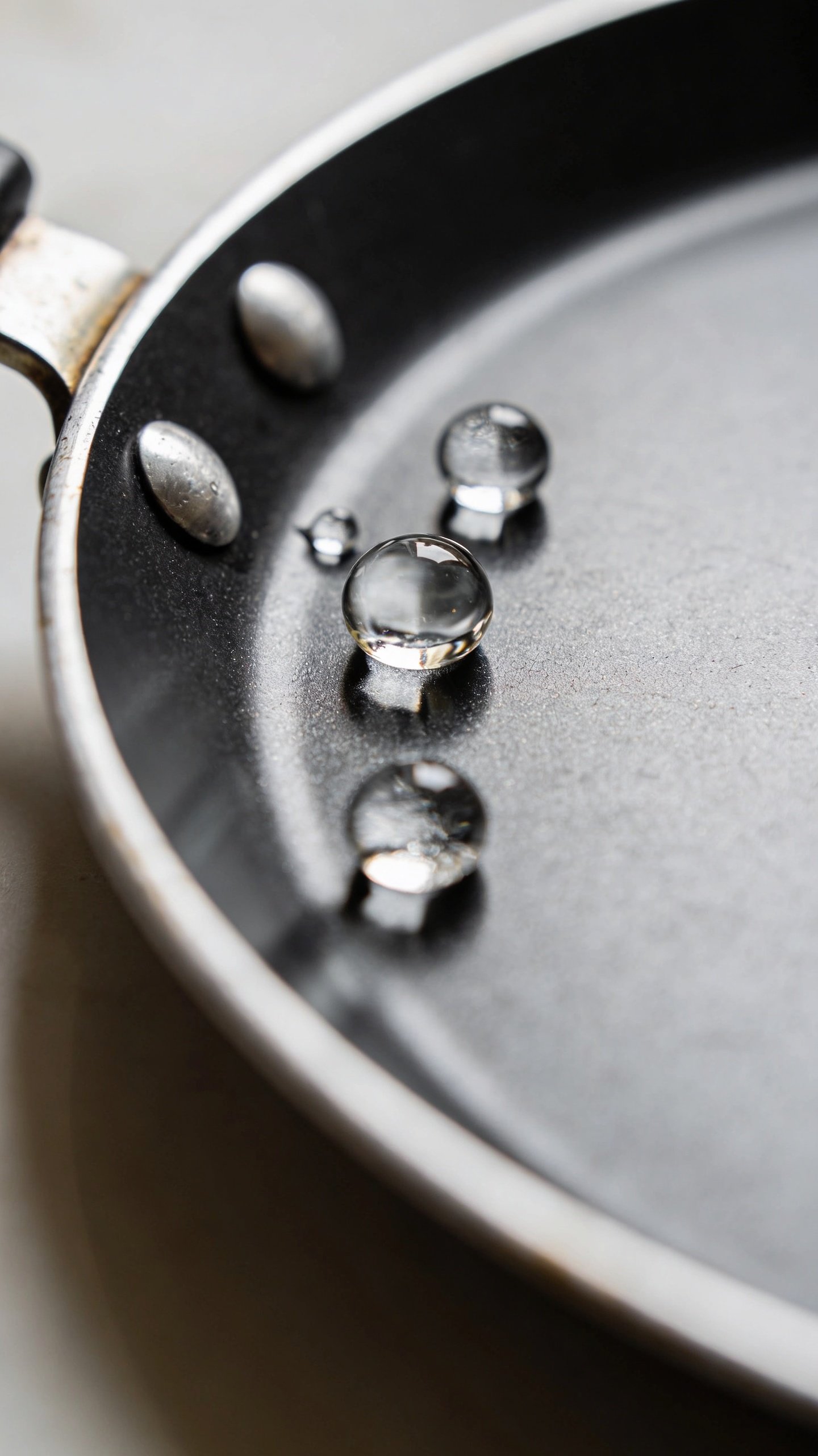 How to Tell If a Pan Is Non Stick and Still Slick 4 Water droplet bead test on a slick nonstick pan closeup