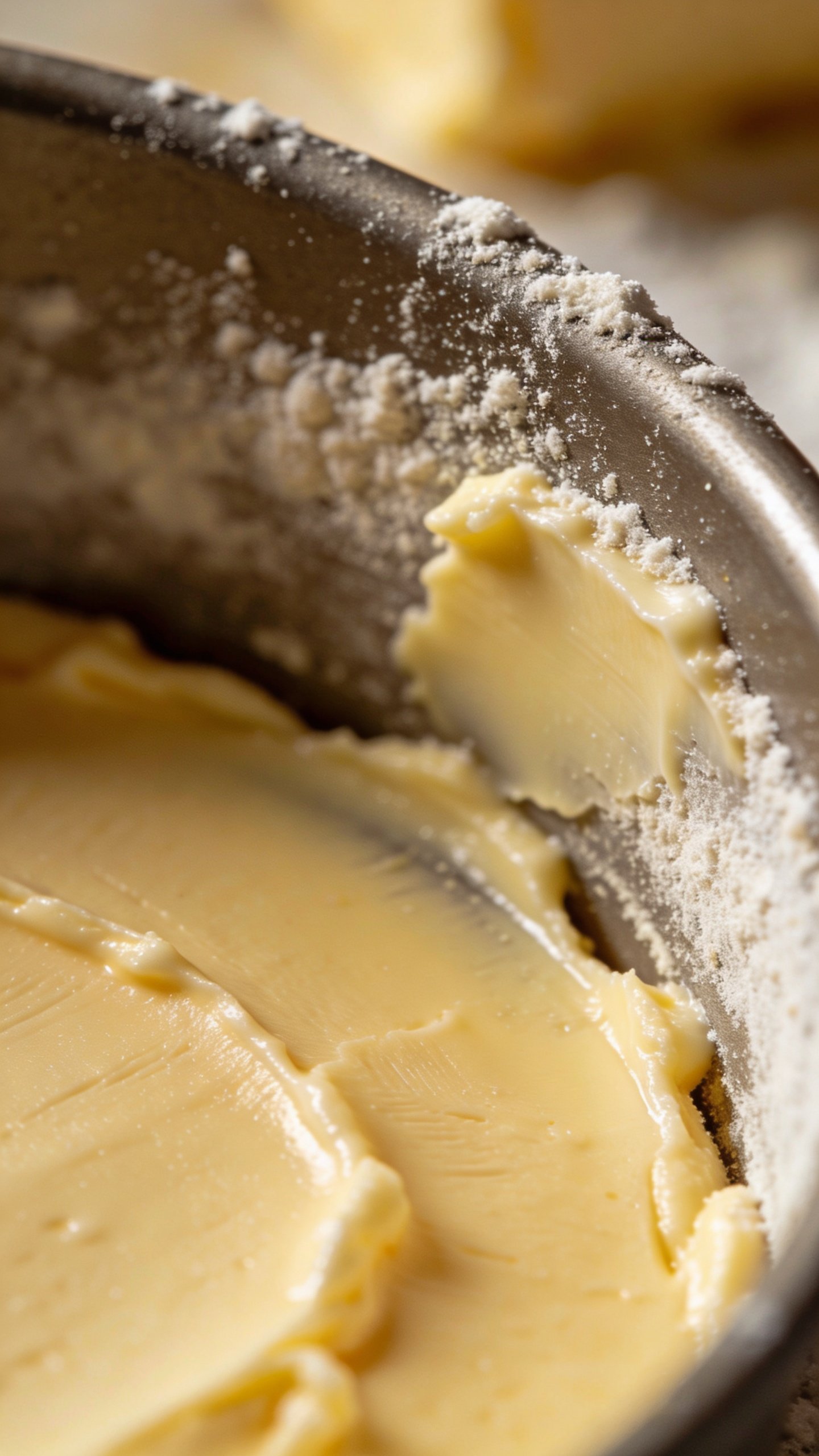 How to Grease a Cake Pan That Slides Out Perfectly 2 Closeup of buttered cake pan with flour dust on rim