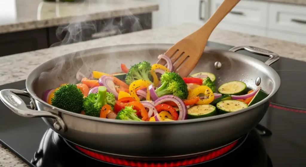 Demeyere vs All-Clad: Which Premium Cookware Is Right for Your Kitchen? 5 Cooking vegetables in a stainless steel skillet