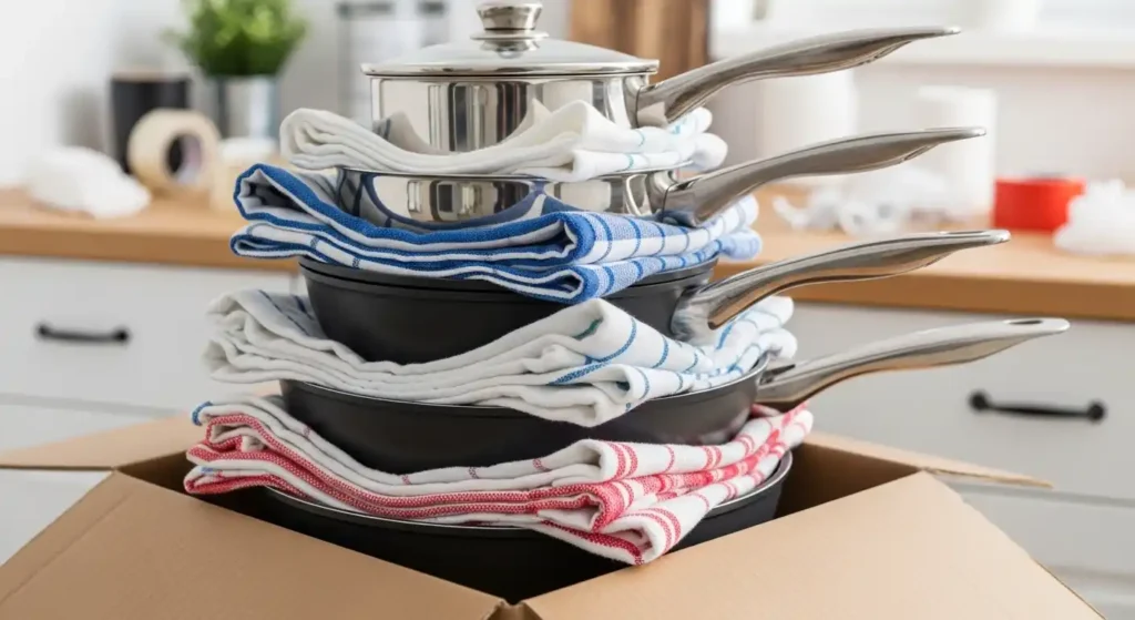 How to Pack Pots and Pans (Without Losing Your Mind or Your Lids) 5 Use Your Kitchen Towels as Padding