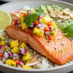 Fresh Salmon with Mango Salsa and Coconut Rice Bowl 2 salmon with mango salsa coconut rice bowl1