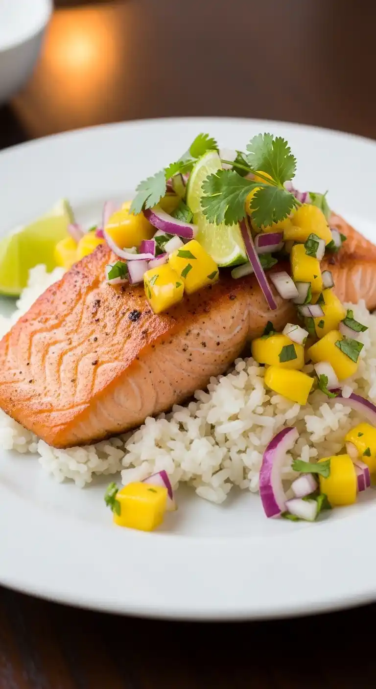 Fresh Salmon with Mango Salsa and Coconut Rice Bowl 5 salmon with mango salsa coconut rice bowl3