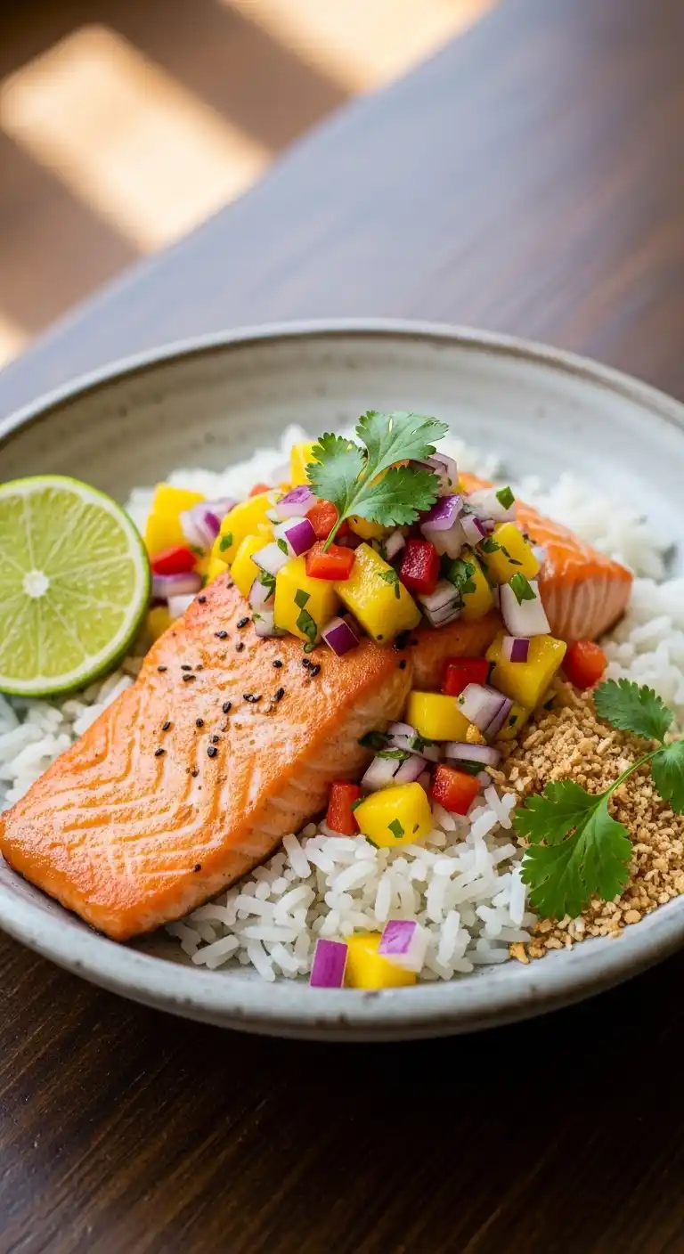 Fresh Salmon with Mango Salsa and Coconut Rice Bowl 4 salmon with mango salsa coconut rice bowl4