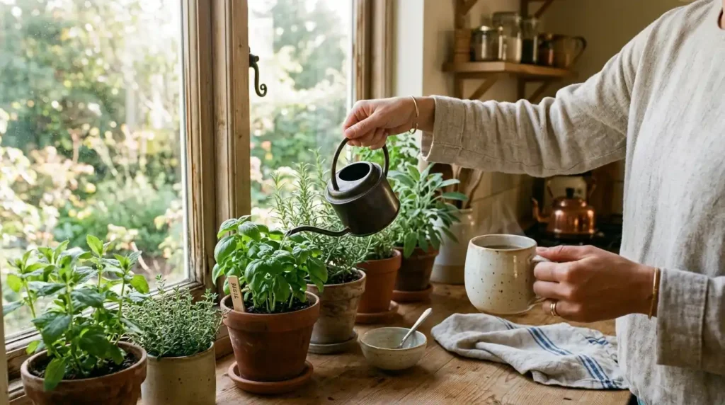 How to Start Growing Herbs Indoors from Seeds vs. Cuttings 5 Hand_watering_herbs_holding_coffee_202605151800