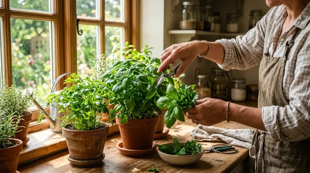 How to Start Growing Herbs Indoors from Seeds vs. Cuttings 15 Hands_harvesting_basil_parsley_pots_202605151756