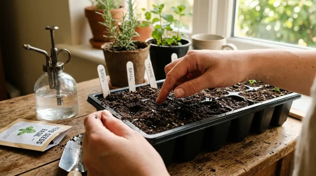 How to Start Growing Herbs Indoors from Seeds vs. Cuttings 10 Hands_planting_herb_seeds_202605151802