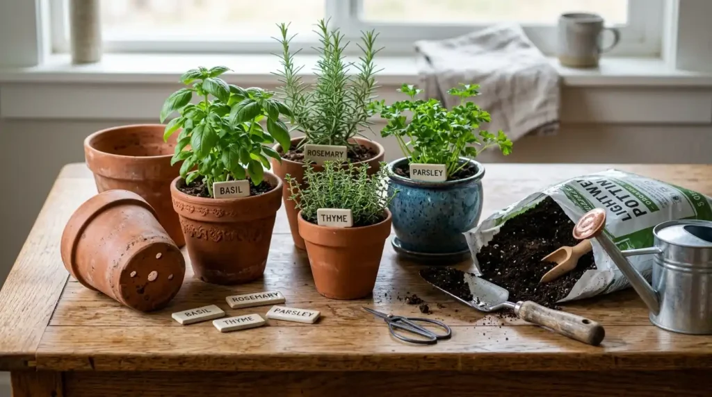 How to Start Growing Herbs Indoors from Seeds vs. Cuttings 11 Herb_containers_and_potting_soil_202605151802