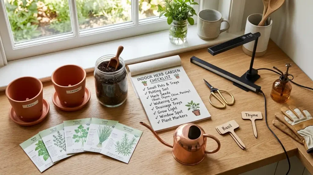 How to Start Growing Herbs Indoors from Seeds vs. Cuttings 8 Herb_gardening_setup_checklist_s…_202605151802