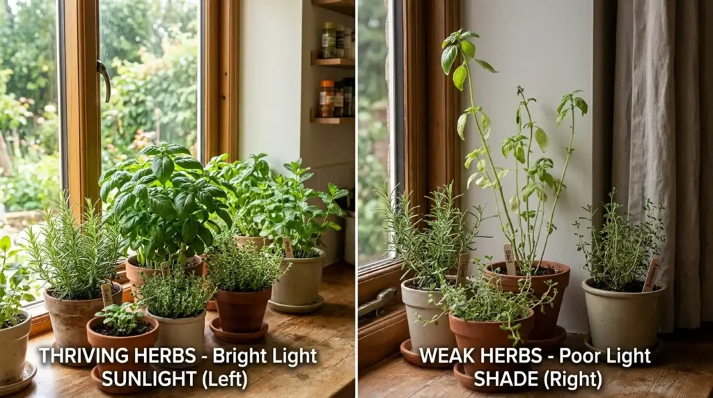 How to Start Growing Herbs Indoors from Seeds vs. Cuttings 9 Herbs_under_bright_sunlight_202605151802