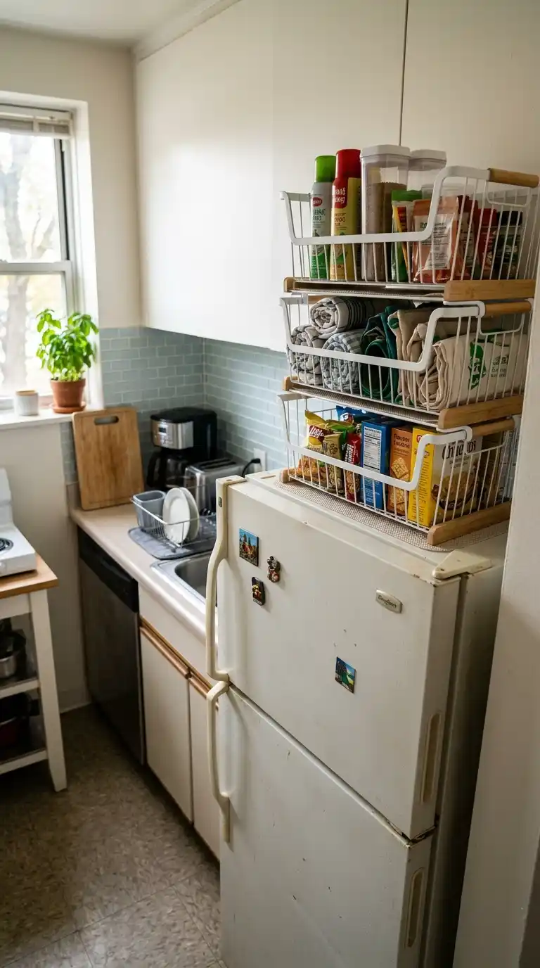 11 Rental-Friendly Kitchen Hacks For Apartments 12 Over-the-Fridge_Storage_Basket