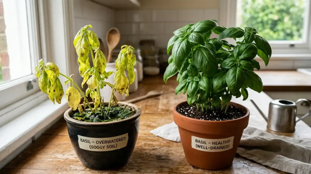 How to Start Growing Herbs Indoors from Seeds vs. Cuttings 13 Overwatered_herbs_beside_healthy…_202605151800