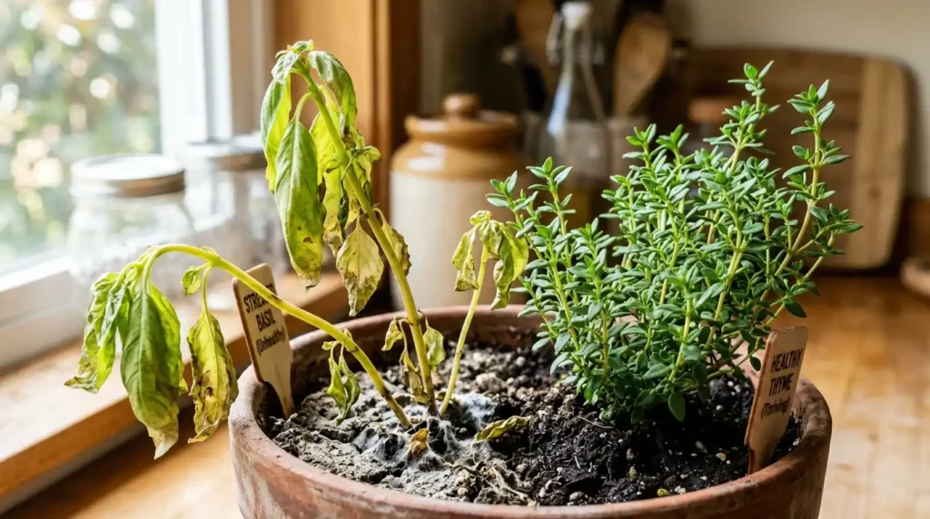 How to Start Growing Herbs Indoors from Seeds vs. Cuttings 14 Stressed_vs_healthy_herb_plants_202605151758