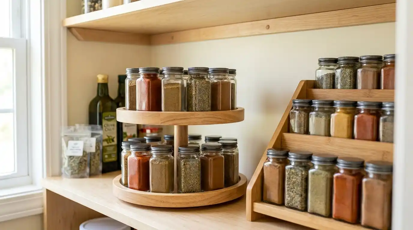 kitchen cabinet organization using tiered shelf risers and lazy susan